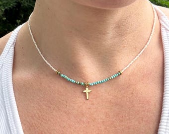 Turquoise Seed Bead Cross Necklace, Gold Pendant, Dainty Choker