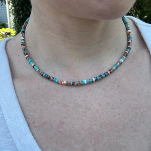 Colorful Heishi Bead Necklace – Handmade Turquoise and Spiny Oyster Shell Jewelry, Rustic Boho Gift for Her, Layered Gemstone Necklace