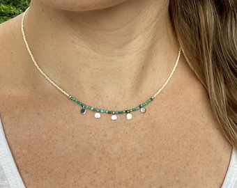 Turquoise Beaded Choker Necklace, Dainty Layering Necklace, Boho Sterling Silver Jewelry