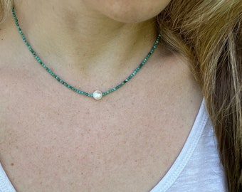 Dainty Pearl Necklace, Turquoise Necklace, Freshwater Pearl Necklace, Single Pearl Necklace, Turquoise Choker Necklace, Best Gifts for Her