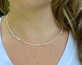 Rice Pearl Beaded Necklace – 14k Gold Accents, Delicate Jewelry