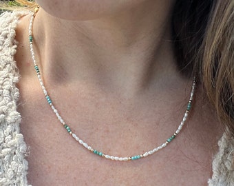 Freshwater Pearl and Turquoise Necklace - Beaded Gold Accent Choker