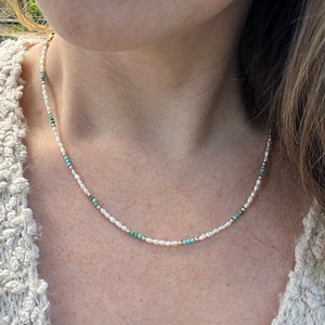 Delicate Pearl and Turquoise Necklace – Layering Choker Necklace, Handmade Beaded Jewelry, Anniversary or Birthday Gift for Her