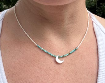 Turquoise Moon Necklace – Sterling Silver Crescent, Czech Glass Beads