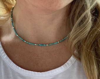 Turquoise Beaded Choker Necklace, Sterling Silver Plated Clasp