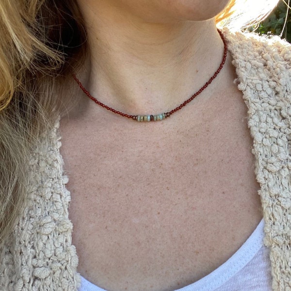 Red Jasper and African Opal Necklace, Thin Beaded Stone Necklace, Dainty Minimalist Necklace, Southwestern Necklace, Unique Gift for Mom