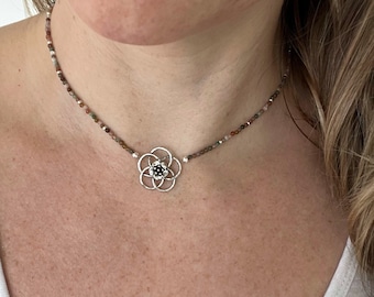 Jasper Flower Choker – Dainty Seed Bead, Sterling Silver Clasp