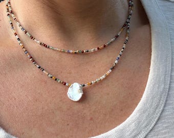 Hand-strung Gemstone and Pearl Necklace, Multicolor Beaded Layering Jewelry