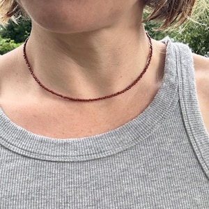 May include: A delicate, reddish-brown beaded necklace. The necklace is a choker style, resting closely against the neck. The background is a gray tank top and a blurred outdoor setting.