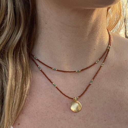 Small Round Gold Pendant Necklace Double Strand Tiny Beaded Etsy