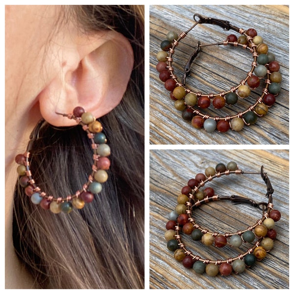 Large Boho Earrings, Big Hoop Earrings, Red Creek Jasper Jewelry, Bohemian Jewelry, Wire Wrapped, Earth Tone Earrings, Valentine's Day Gift