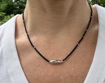 Handmade Black Czech Glass Beaded Necklace, Silver Plated Tube Pendant, Minimalist Layering Jewelry