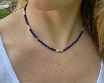 Lapis Lazuli Necklace, Beaded Lapis Necklace, Heishi Lapis Necklace with Gold Plated Discs, Layering Necklace, Handmade Necklace, Unique