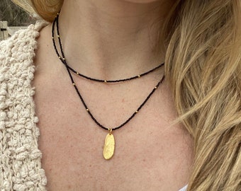 Black Beaded Necklace, Gold Oval Pendant Necklace, Double Strand Bead Necklace, Dainty Black and Gold Necklace, Minimalist Jewelry, Unique