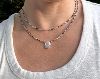 Handmade Gemstone and Pearl Necklace, Multicolor Boho Beaded Jewelry