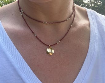 Brown Seed Bead Necklace, Gold Disc Pendant, Boho Layering Choker