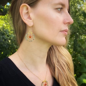 Turquoise Beaded Hoop Dangle Earrings, Carnelian Earrings, Rustic Earrings, Wire Wrapped Jewelry, Earth tone Jewelry, Victorian Jewelry