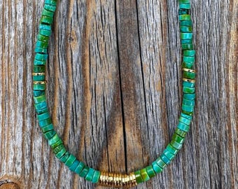 Handmade Turquoise Heishi Beaded Necklace, 14K Gold-Plated Clasp