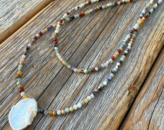 Layered Gemstone and Freshwater Pearl Necklace, Multicolor Beaded Jewelry, Sterling Silver Clasp