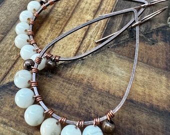 Handmade Copper Fossil Jasper Teardrop Earrings, Boho Wedding Jewelry
