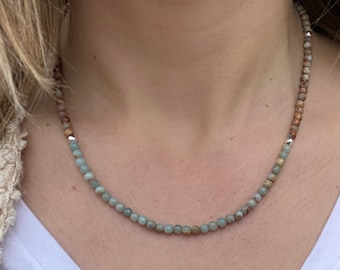 African Opal Beaded Necklace – Sterling Silver, Boho Minimalist Jewelry