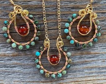 African Turquoise & Carnelian Jewelry Set | Gold-Filled Hoop Earrings + Pendant Necklace | Boho Gemstone Gift | Nickel-Free
