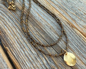 Brown Seed Bead Necklace with Gold Disc Pendant, Layered Minimalist Jewelry