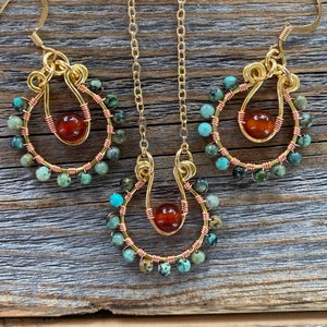 African Turquoise & Carnelian Jewelry Set | Gold-Filled Hoop Earrings + Pendant Necklace | Boho Gemstone Gift | Nickel-Free