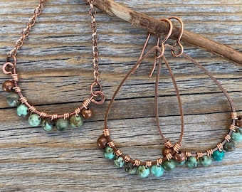 Handmade Turquoise Copper Jewelry Set, Boho Teardrop Necklace Earrings Rustic