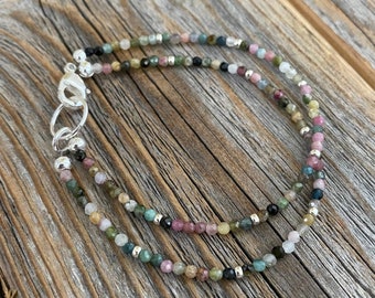 Watermelon Tourmaline Beaded Anklet Bracelet, Silver Seed Beads, Boho Chic