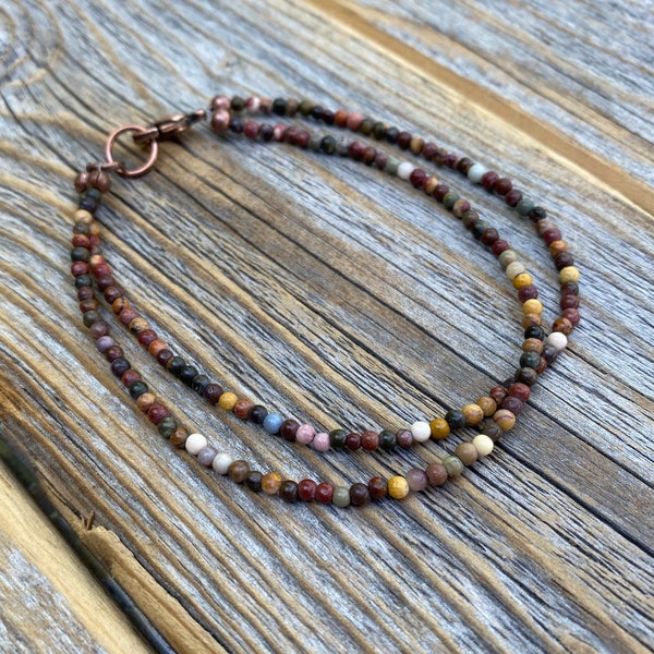 Tiny Jasper Double Strand Beaded Anklet or Bracelet, Red Creek Jasper Jewelry, Small Beaded Bracelet, Rainbow Bracelet, Earthy Bracelet