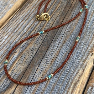 Brown and Teal Beaded Choker Necklace – Delicate Seed Bead Boho Layering Jewelry, 14K Gold Accents, Perfect for Everyday Wear or Gifts