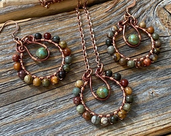 Red Creek Jasper Jewelry Set – Copper Necklace and Hoop Earrings