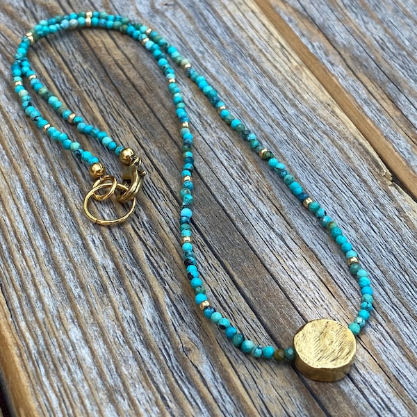 Turquoise Beaded Necklace, Gold Pendant, Adjustable Boho Jewelry