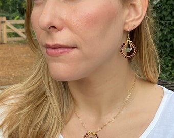 Garnet Green Aventurine Boho Jewelry Set, Burgundy Statement Necklace Earrings (January Birthstone)