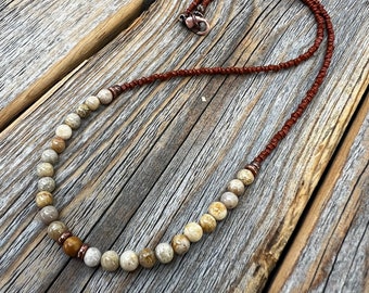 Fossil Coral Gemstone Necklace, Earthy Brown Beaded Layering Jewelry