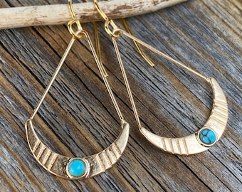 Turquoise Crescent Moon Earrings - Gold Boho Dangle Earrings