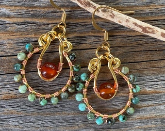 Turquoise and Carnelian Beaded Hoop Earrings, Wire Wrapped Boho Jewelry