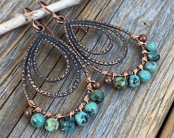 African Turquoise Earrings, Bohemian Earrings, Copper Teardrop Earrings, Stone Earrings, Wire Wrapped Jewelry, Boho Jewelry, Gifts for Her