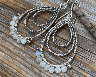 Moonstone Earrings, Moonstone Jewelry, Silver Teardrop Dangle Earrings, Wire Wrapped Earrings, Bridesmaid Gifts, Handmade Jewelry