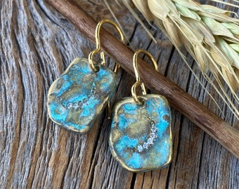 Small Patina Earrings, Zircon Earrings, Texurized Patina Earrings, Dainty Earrings, Everday Earrings, Unique Gifts for Her, Holiday Gifts