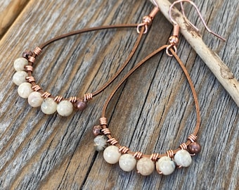 Beige African Opal Teardrop Earrings – Boho Bridal Jewelry, Rustic Wedding Earrings, Handmade Bridesmaid Gifts, Vintage-Inspired Design