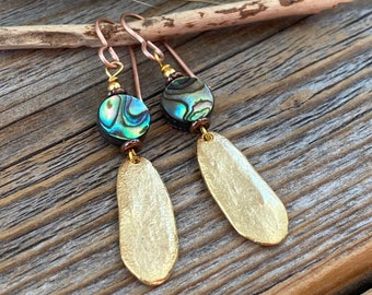 Abalone and Gold Dangle Earrings, Oval Earrings, Unique Abalone Jewelry, Shell Earrings, Beach Earrings, Summer Jewelry, Gifts for Her