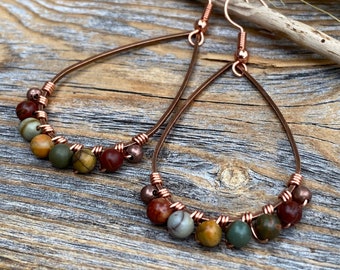 Boho Earrings – Wire Wrapped Red Creek Jasper Dangle Earrings, Copper Teardrop Boho Jewelry, Earthy Nature-Inspired Bohemian Jewelry