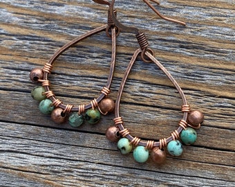 Turquoise Copper Teardrop Earrings – Small Dainty Rustic Jewelry, Boho Wire Wrapped Earrings, Perfect Gift for Her