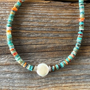 Spiny Oyster & Turquoise Heishi Necklace – Boho Western Jewelry, Colorful Beaded Gift for Her, Natural Shell, Handmade Southwest Style