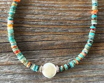 Boho Spiny Oyster Shell Necklace, Turquoise, Freshwater Pearl