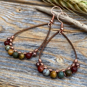 Red Creek Jasper Earrings – Boho Copper Teardrop Earrings, Wire Wrapped Stone Jewelry, Unique Bohemian Gift for Her