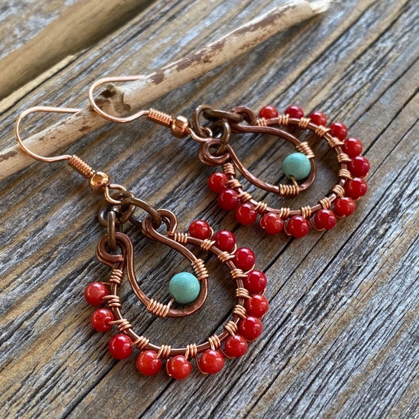 Coral and Turquoise Beaded Hoop Earrings - Copper Jewelry - Red Beaded Earrings - Gifts for Women - Small Dainty Earrings - Gifts for Her