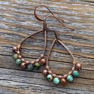 Turquoise Earrings, Copper Teardrop Earrings, Small Dainty Earrings, Rustic Jewelry, Boho Jewelry, Wire wrapped Jewelry, Gifts for Her